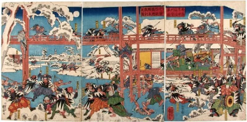 Grabado sobre la leyenda de los 47 samurais. Kuniyoshi