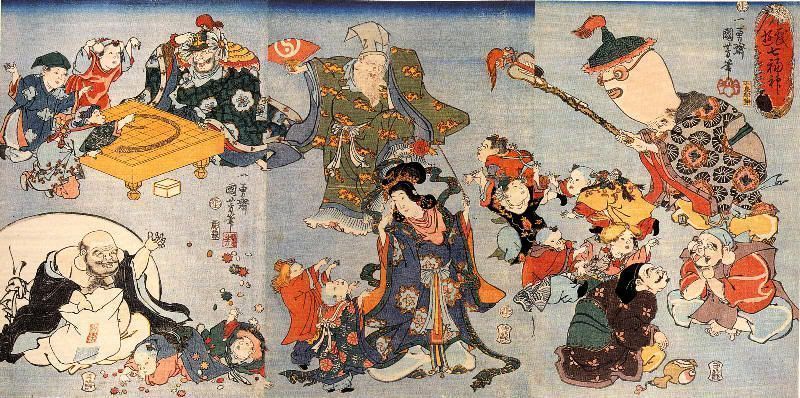 Pintura ukiyo-e de Utagawa sobre los siete dioses japoneses de la felicidad (七福神, shichifukujin)