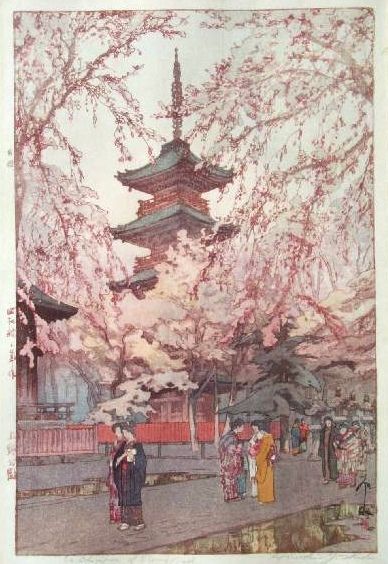 Pintura Ukiyo-e con la pagoda de Toji (Kioto) envuelta en árboles de sakura en flor