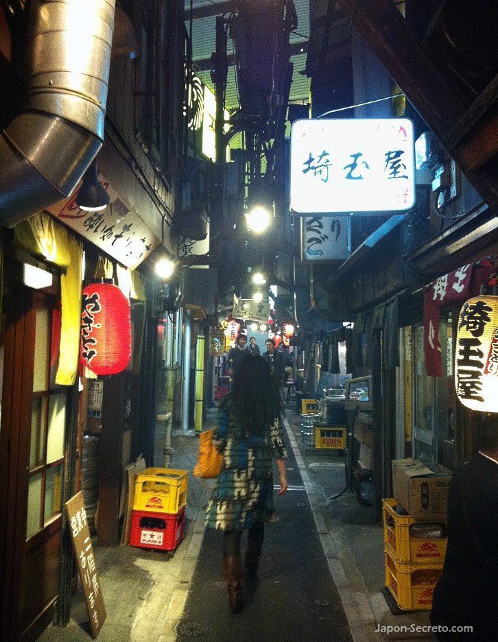 Omoide Yokocho (思い出横丁), unos fascinantes callejones para descubrir en el corazón del populoso barrio de Shinjuku (Tokio, Japón). En la foto, nuestra amiga Mikiko caminando hacia uno de los locales.