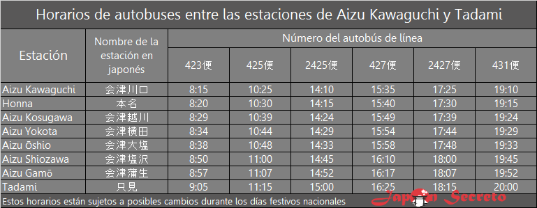 Horarios de los autobuses que unen la estación de Aizu Kawaguchi con la de Tadami (línea Tadami, Fukushima, Japón)