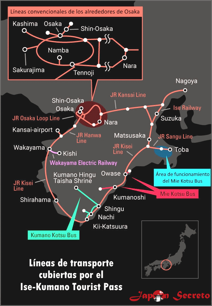 Mapa de líneas de transporte cubiertas por el pase Ise Kumano Tourist Pass (camino de peregrinación Kumano Kodo, Japón).