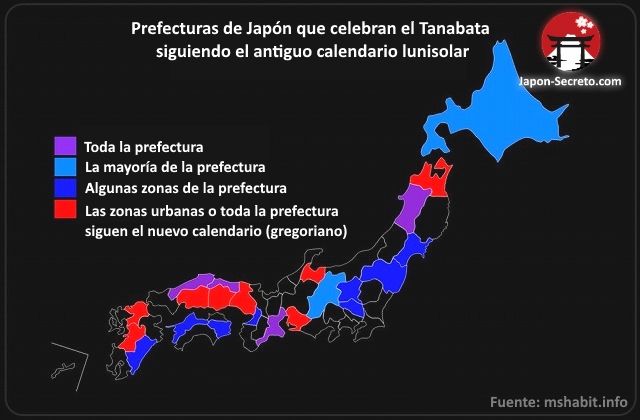 Prefecturas de Japón que celebran el Tanabata con el antiguo calendario (lunisolar)