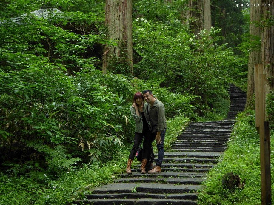 Japón. Ruta de peregrinación Dewa Sanzan. Monte Haguro (Hagurosan). Bosque de arces y sendero de piedra. 2446 escalones. Senderismo. Ruta a pie. Verano