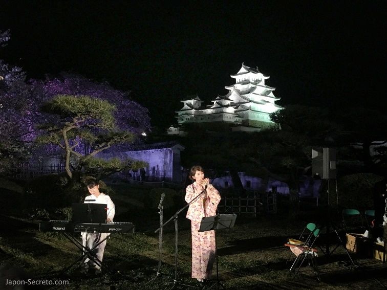 Viajar a Japón: iluminación nocturna del castillo de Himeji (姫路城) durante la floración de cerezos sakura. Un buen viaje desde Kioto, Osaka o Hiroshima