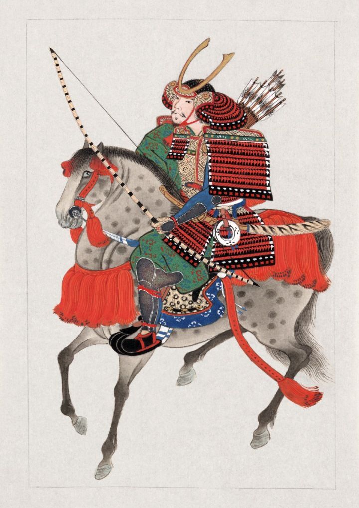 Tiro a caballo con arco samurái en Japón (yabusame). Pintura de samurái a caballo con un arco y flechas, vestido con un casco con cuernos. Fecha aproximada 1878.