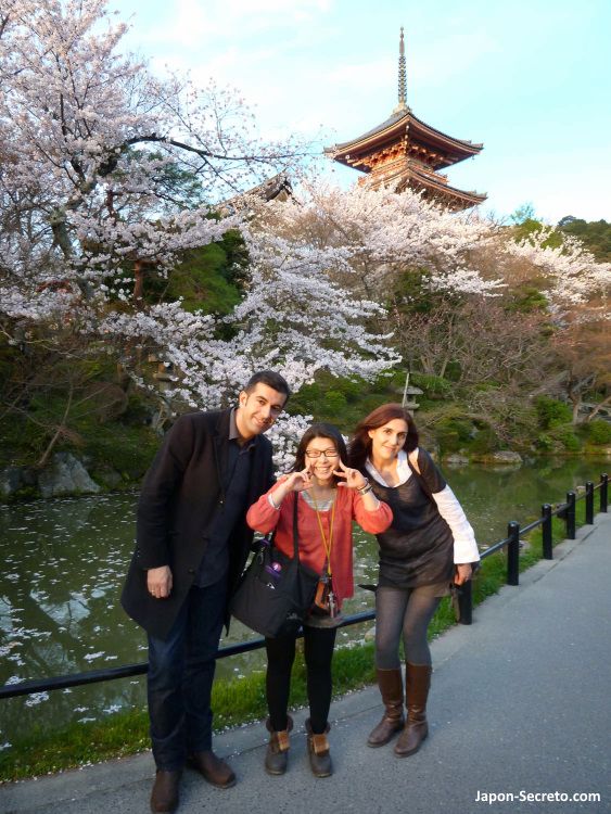 Disfrutando de un paseo por el templo Kiyomizudera con cerezos en flor. Higashiyama, Kioto