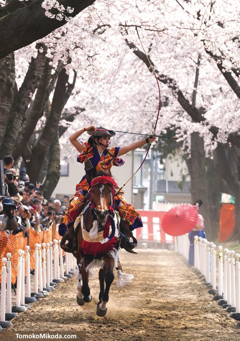 Sakura Yabusame en Towada (Aomori, Tohoku). Tiro con arco a caballo femenino. Mujeres arqueras. Festivales de Japón