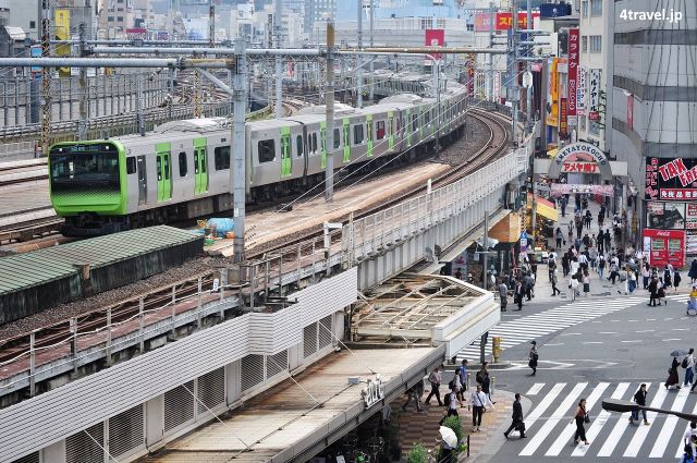 Tren de la línea Yamanote pasando por encima de los callejones de Ameyoko (Ueno, Tokio)