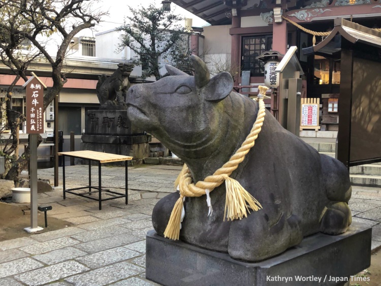 Estatua de un buey sentado. Santuario Hirakawa Tenmangu, cerca del Palacio Imperial de Tokio. (Foto de Kathryn Wortley / Japan Times)