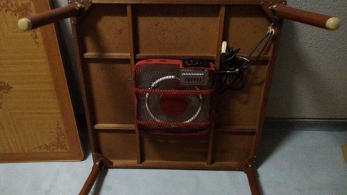 Parte inferior de un kotatsu en que puede verse el calefactor