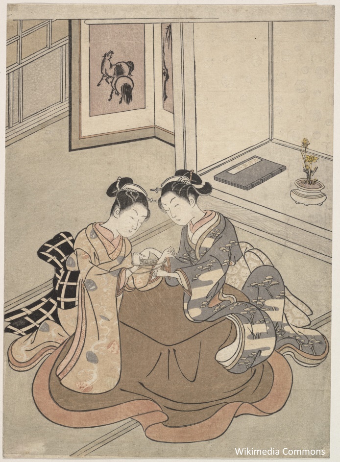 Grabado de dos mujeres con kimono sentadas junto a un kotatsu