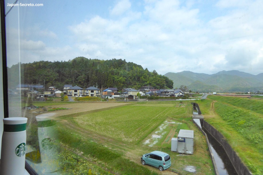 Vistas del campo japonés y los cultivos desde el tren hacia Amanohashidate (Kioto)