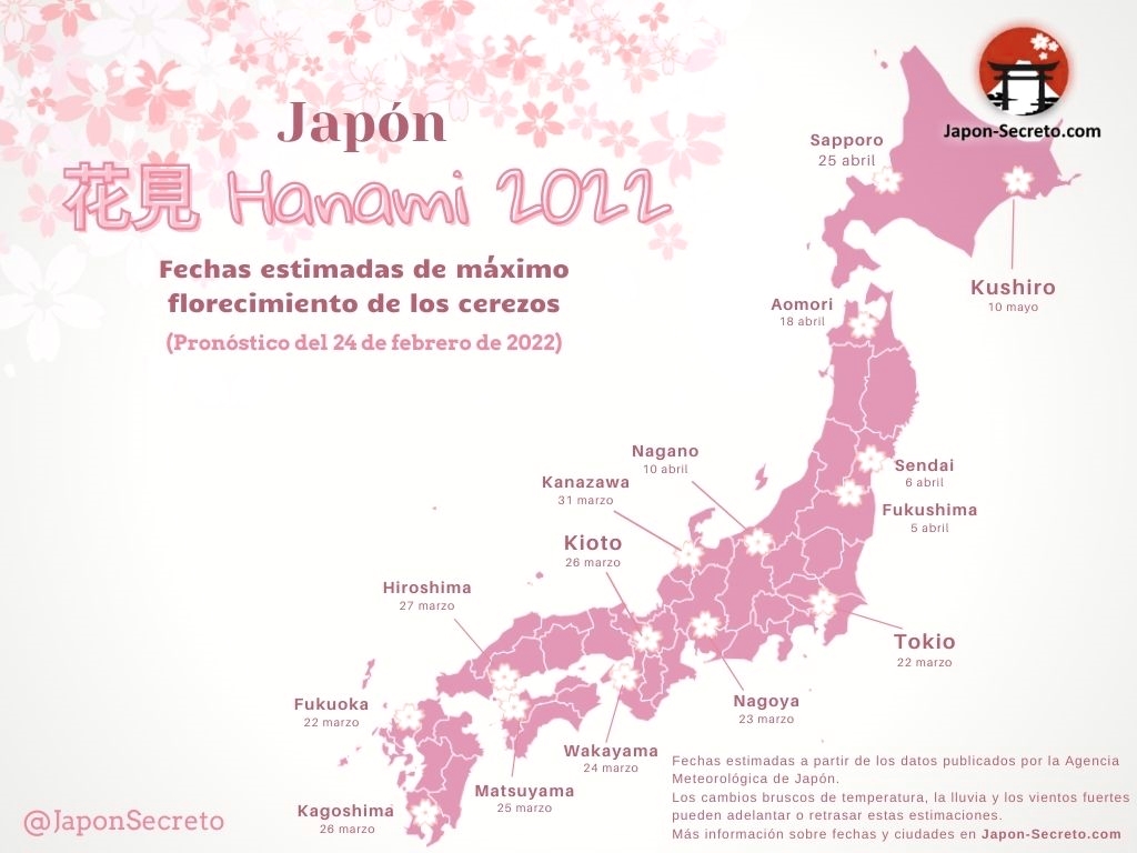 ¿Cuándo florecen los cerezos en Japón? Mapa de previsiones de florecimiento de los cerezos (sakura) en Japón publicados el 24 de febrero de 2022. Más información en Japon-Secreto.com