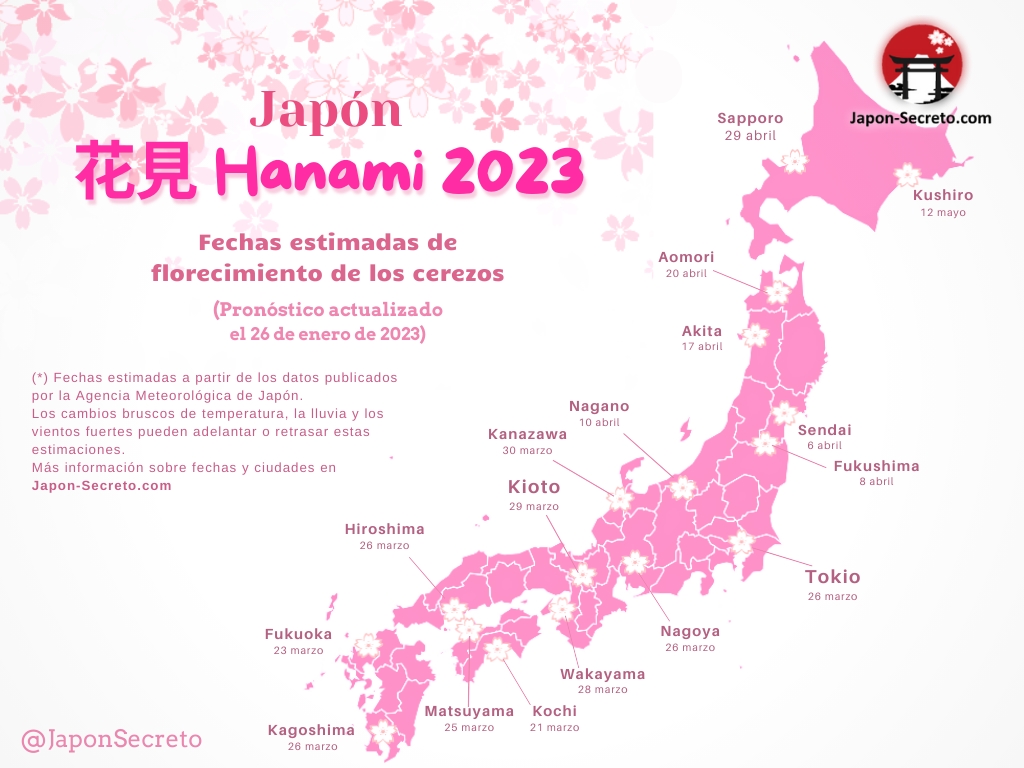¿Cuándo florecen los cerezos en Japón? Mapa de previsiones de florecimiento de los cerezos (sakura) en Japón publicados el 26 de enero de 2023. Más información en Japon-Secreto.com