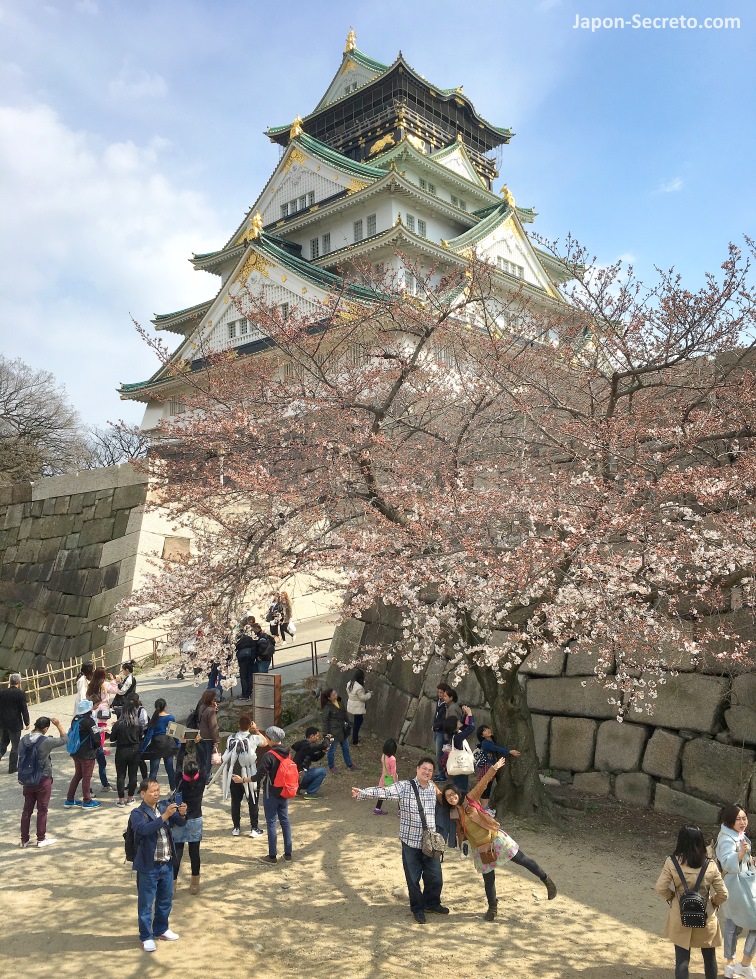 Castillo de Osaka con los cerezos en flor en primavera. Nuestros amigos Basu y Miyuki saludando