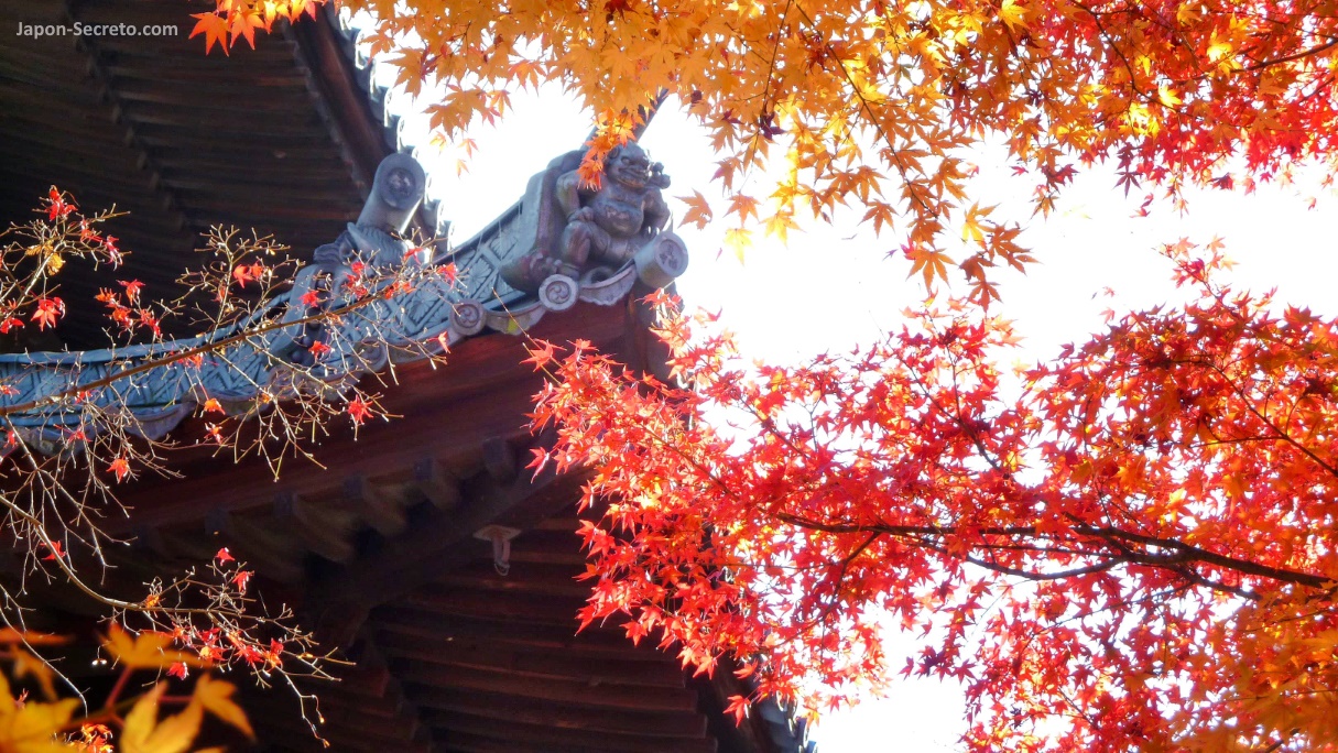 Oni en el tejado del edificio principal del templo Tōfukuji (Kioto) envuelto en arces rojos en otoño