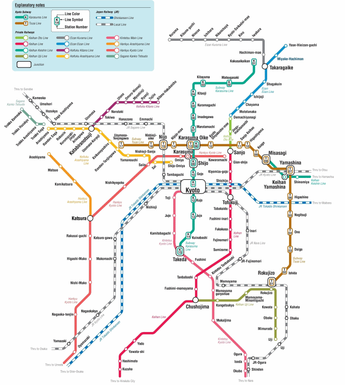 Mapa de estaciones del metro de Kioto y posibles transbordos así como líneas privadas de tren.