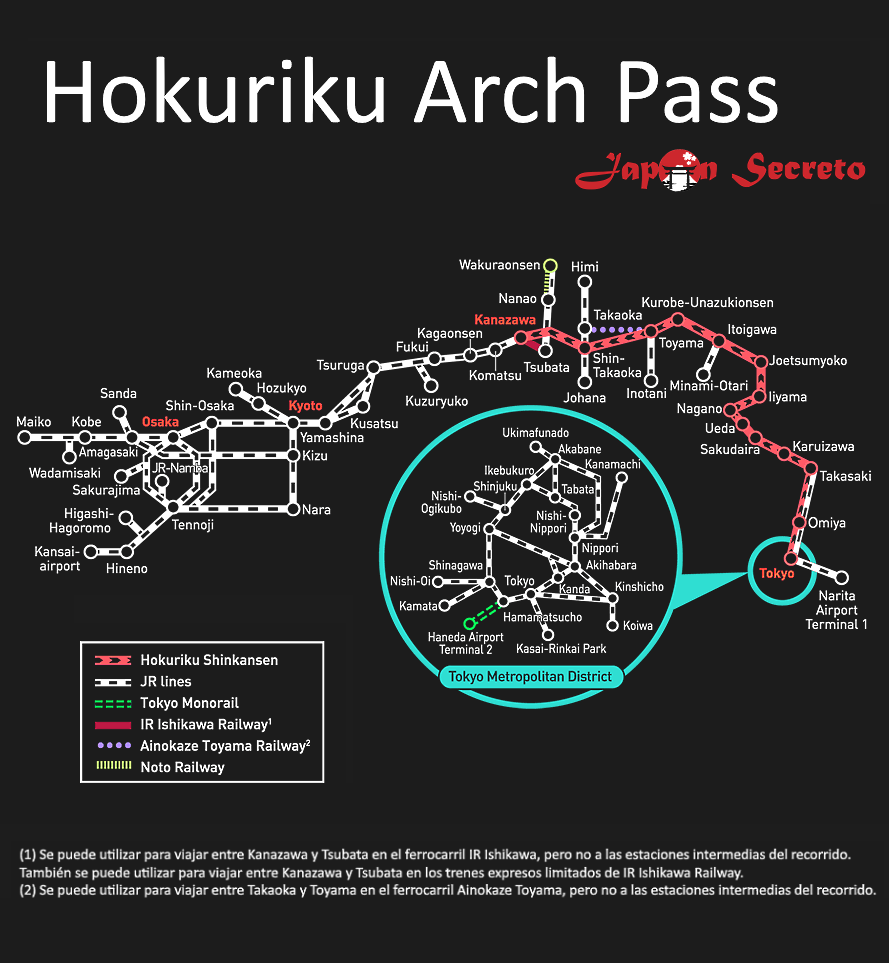 Hokuriku Arch Pass: trenes, metro y autobuses cubiertos por el pase. Mapa