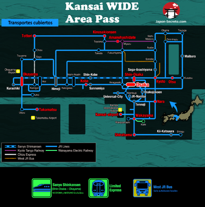 Área de cobertura del Kansai Wide Area Pass y trenes y autobuses cubiertos
