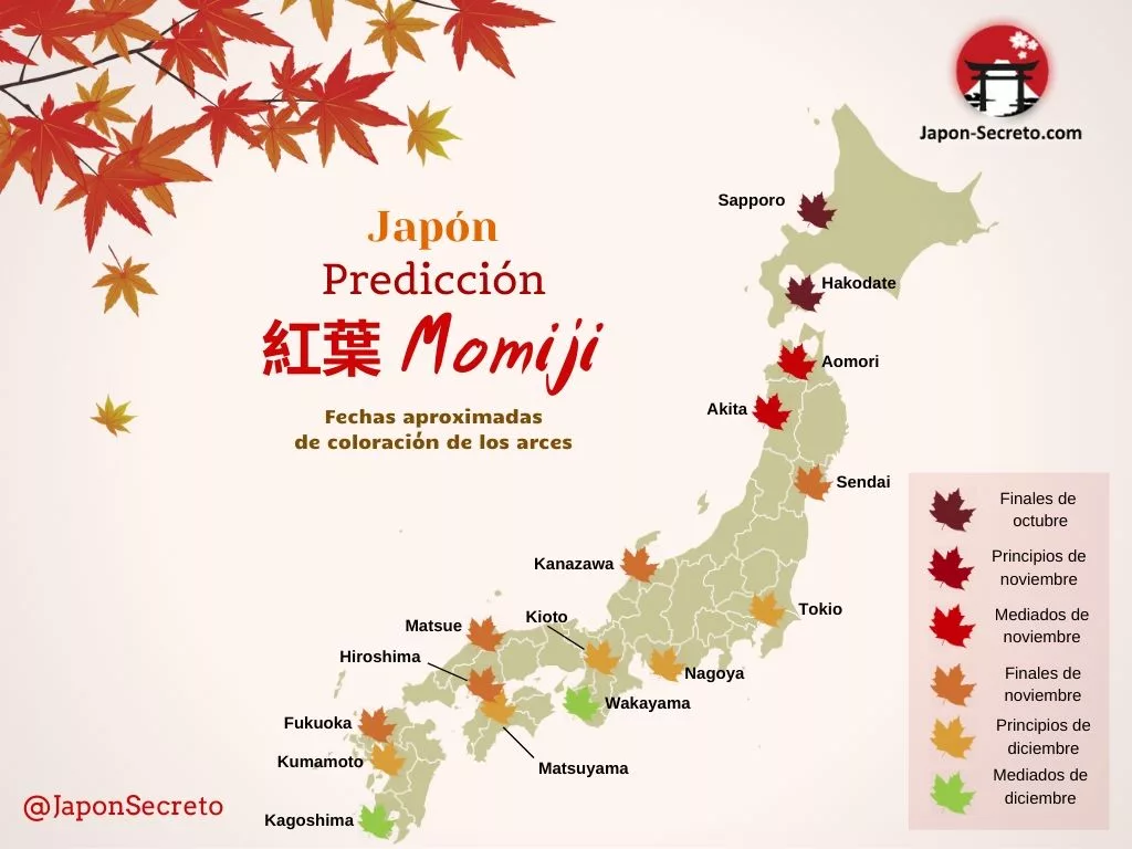 Viajar a Japón en otoño: mapa de predicciones de enrojecimiento de los árboles o momiji