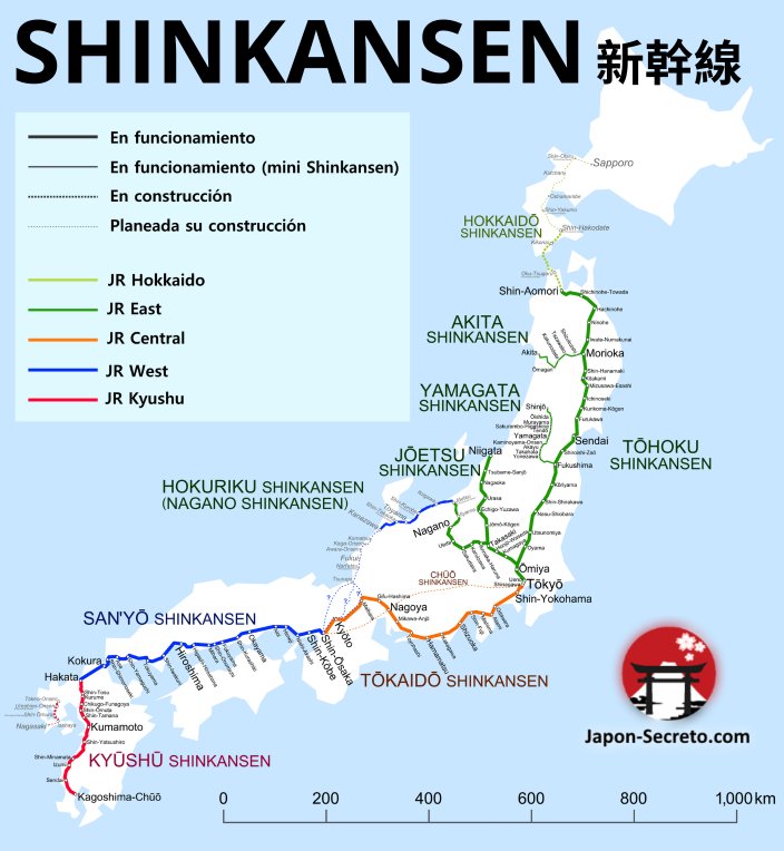 Líneas de Shinkansen o Tren Bala de Japón. Mapa actualizado en 2023