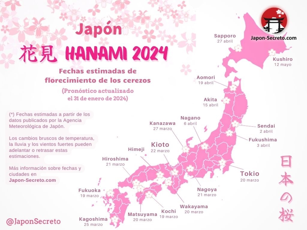 ¿Cuándo florecen los cerezos en Japón? Mapa de previsiones de florecimiento de los cerezos (sakura) en Japón publicados el 31 de enero de 2024. Más información en Japon-Secreto.com