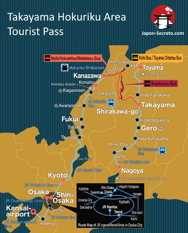 Takayama Hokuriku Tourist Area Pass: trenes, metro y autobuses cubiertos por el pase. Mapa
