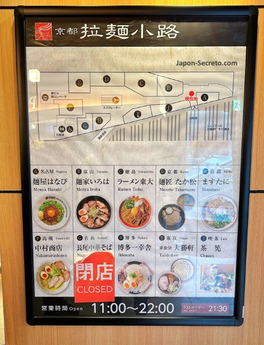 Plano con los restaurantes de la galería Kyoto Ramen Koji en la estación de Kioto