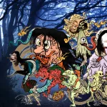 Desfile de yokai en el bosque por la noche