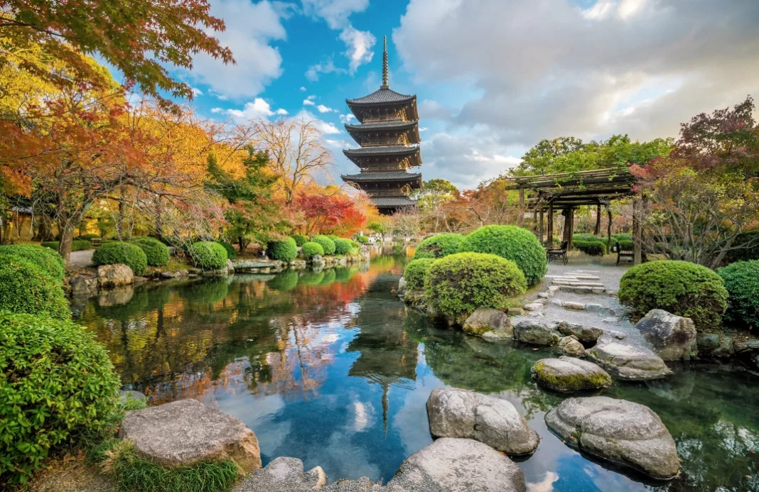 Templo Toji (Kioto) al atardecer en otoño, y su mercadillo mensual