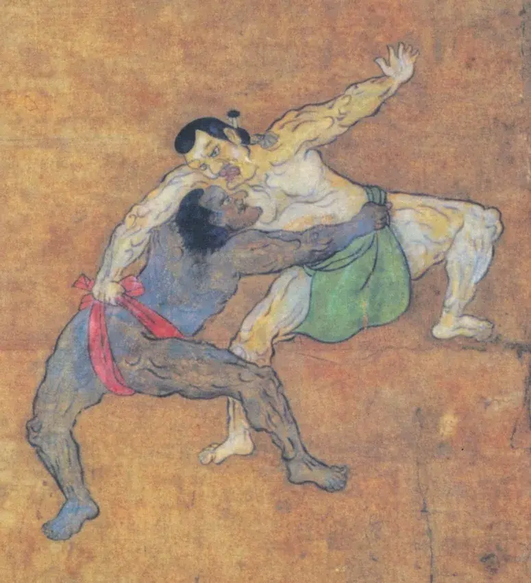 Detalle del grabado Ukiyo-e "Sumō Yūrakuzu Byōbu", mostrando un luchador de sumo de piel negra que se cree que podría ser Yasuke