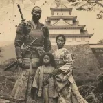 Representación fotográfica de cómo podría ser Yasuke, el samurái negro, su esposa y su hijo