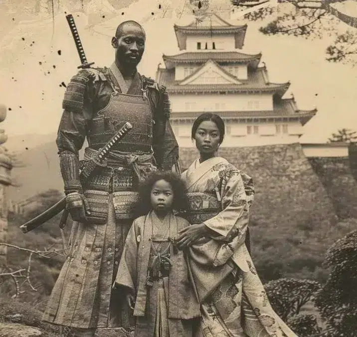 Representación fotográfica de cómo podría ser Yasuke, el samurái negro, su esposa y su hijo