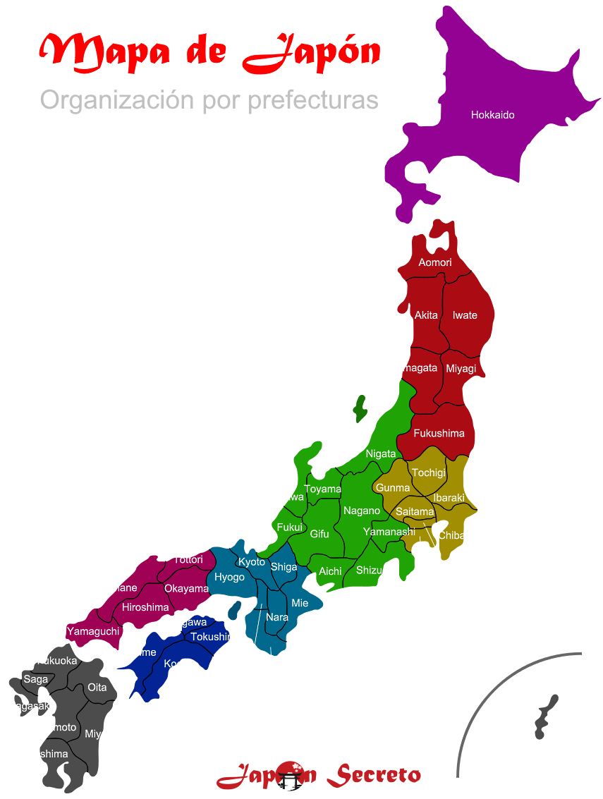 Mapa de Japón organizado en prefecturas