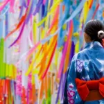 Cintas tanzaku durante la celebración del festival Tanabata en Japón, la fiesta de las estrellas, en verano