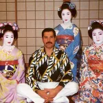 Freddie Mercury en Japón, rodeado de geishas y maikos durante la gira Magic Tour de Queen en 1986