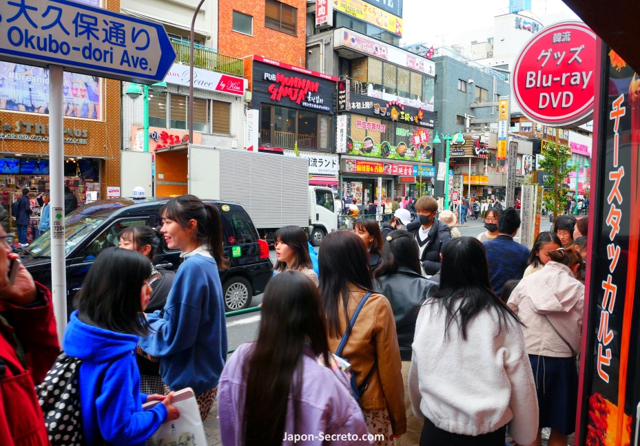 Okubo dori, calle principal del barrio coreano de Okubo, con tiendas y restaurantes, cerca de la estación de Shin-Okubo, Tokio