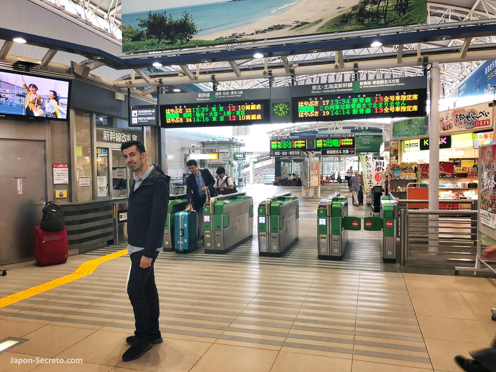 Tornos de acceso a los andenes en una estación de trenes de Japón. Acceso a línea Hayabusa