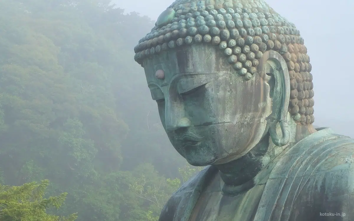Gran Buda de Kamakura o Kamakura Daibutsu en el templo Kotoku-in de Kamakura, cerca de Tokio, cómo llegar, precio de la entrada. Foto: Primer plano de la cabeza.