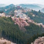 Vista general del Monte Yoshino o Yoshinoyama en Nara durante el florecer de los cerezos sakura