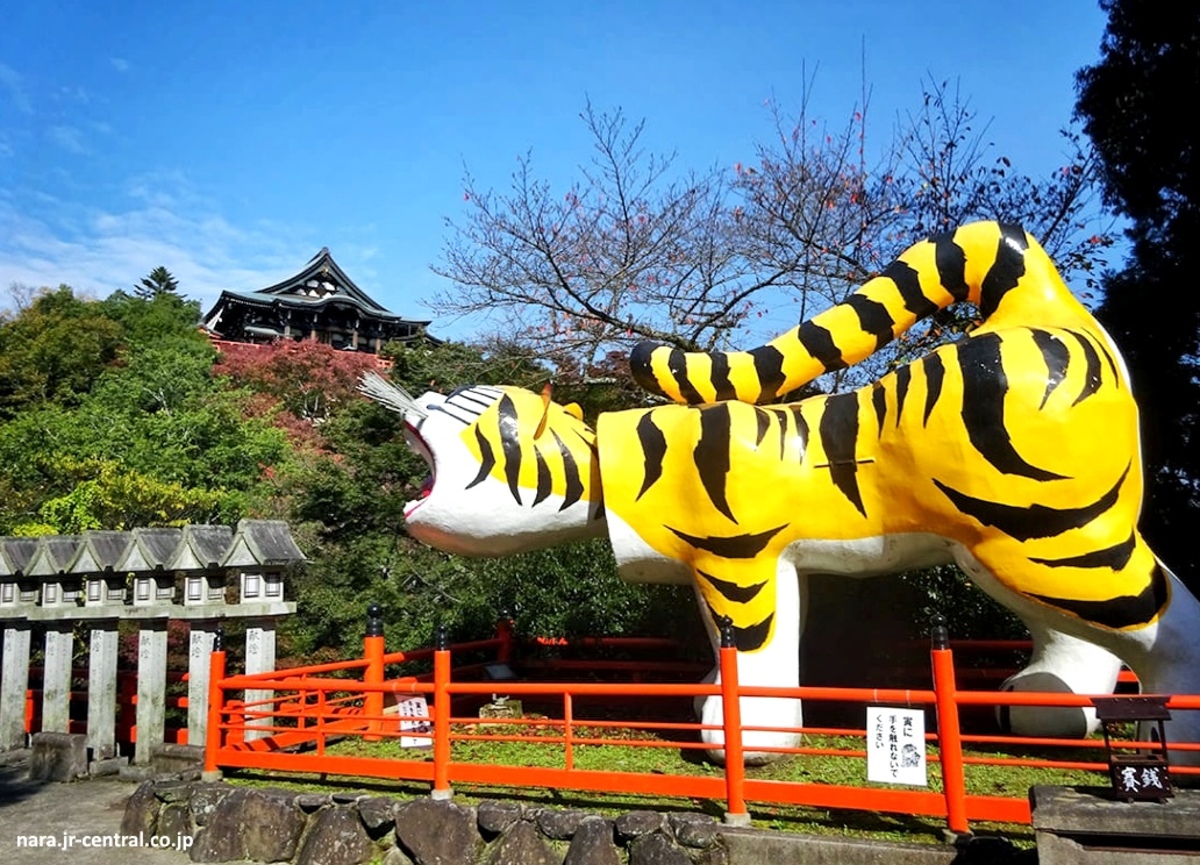 Templo Chogosonshi-ji o templo del tigre en el monte Shigisan (Nara): cómo llegar, qué ver y hacer, alojamiento shukubo, entrada, precio, horario. Foto: tigre de la suerte (fukutora) o Hariko, del templo Chogosonshi-ji
