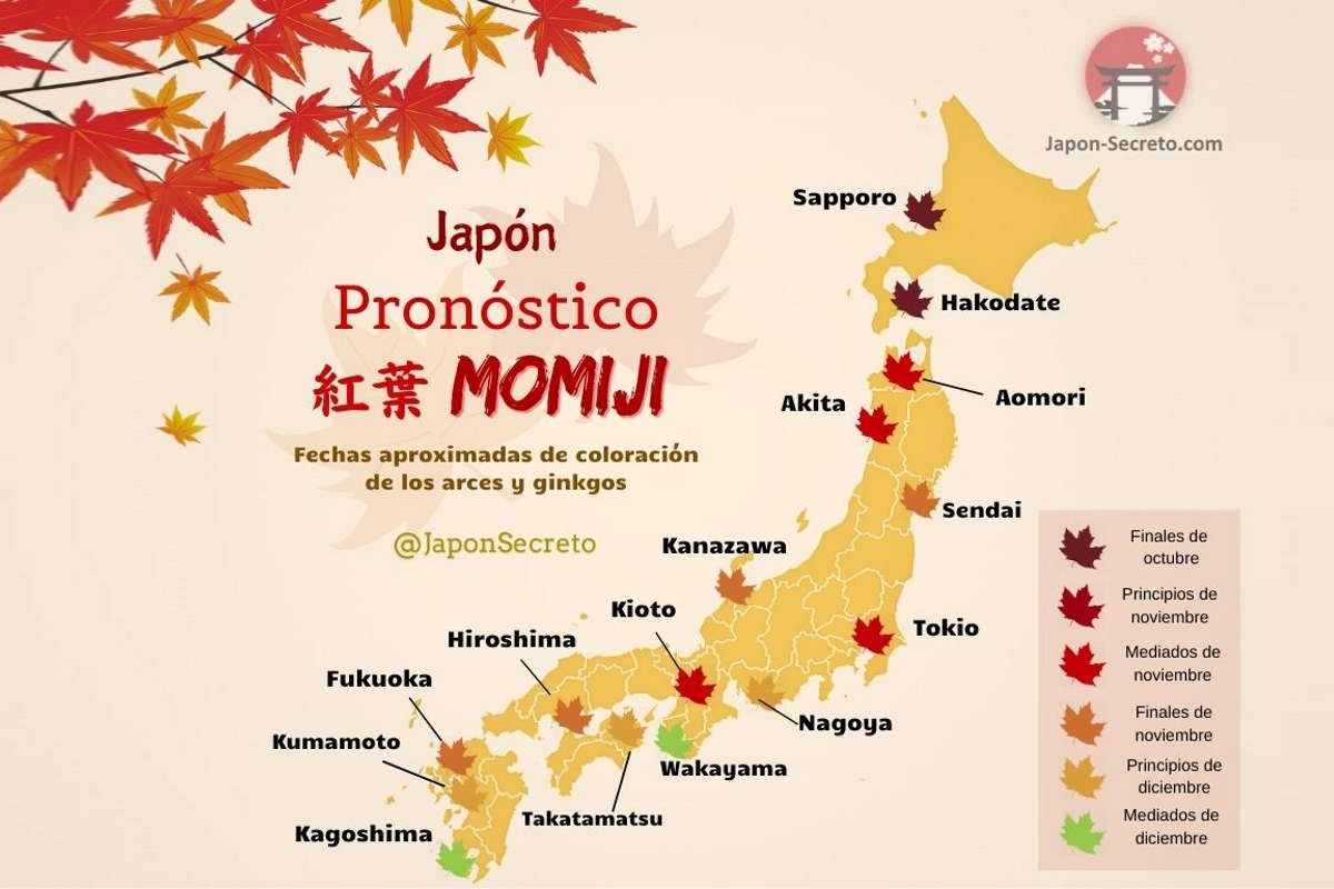 Viajar a Japón en otoño: mapa de predicciones de enrojecimiento de los árboles o momiji