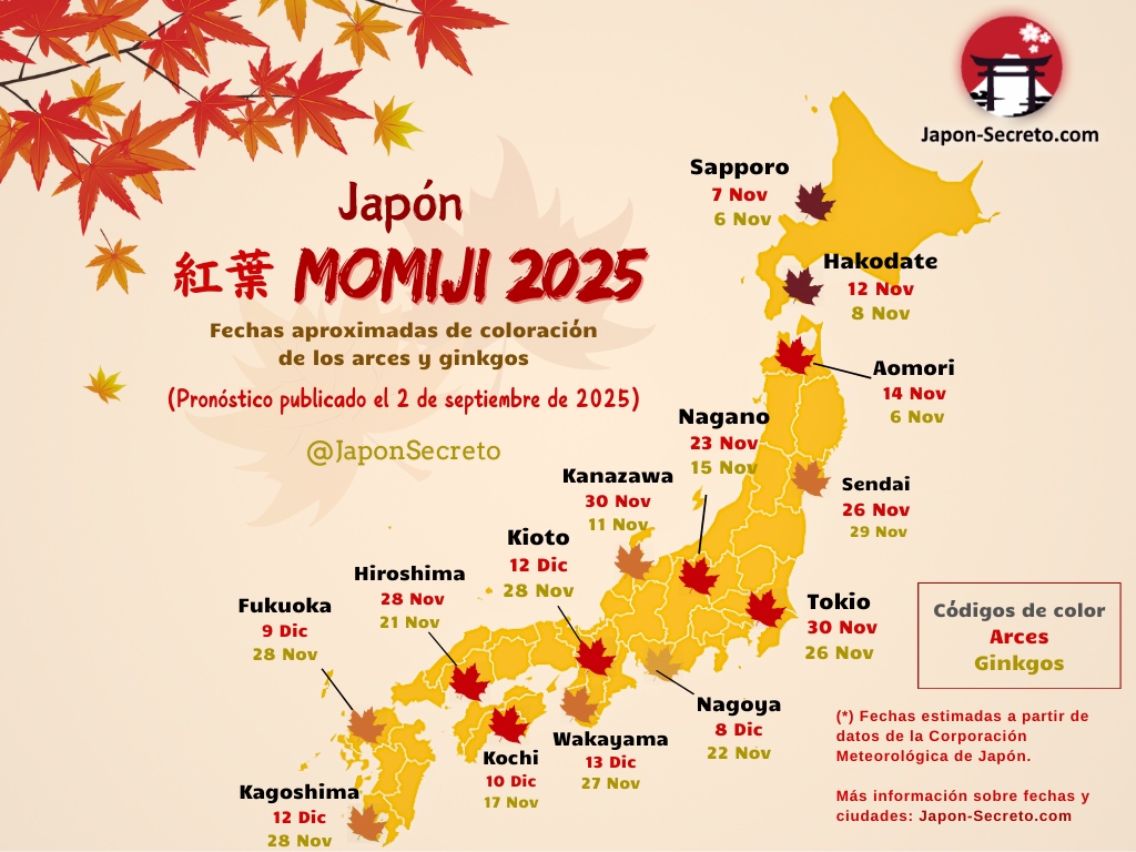 Viajar a Japón en otoño, predicciones de enrojecimiento de los árboles o momiji para 2025