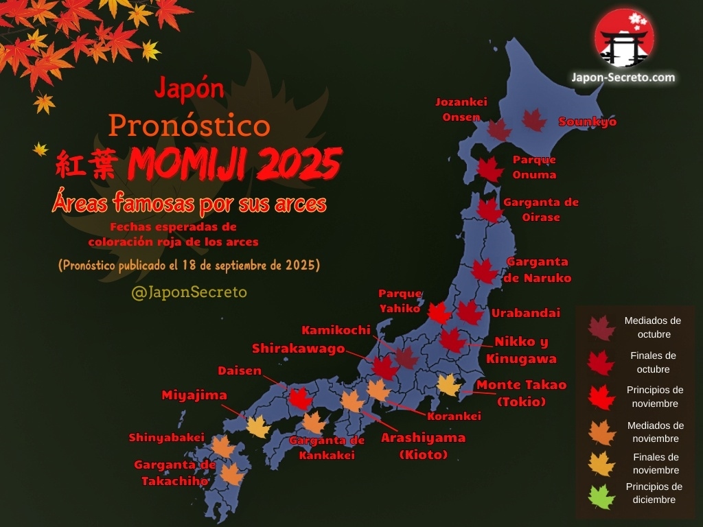 Mapa de pronóstico de coloración de los arces en Japón en las áreas o zonas más famosas por el color rojo de los árboles