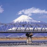 Tren bala o Shinkansen cruzando un puente por delante del Monte Fuji