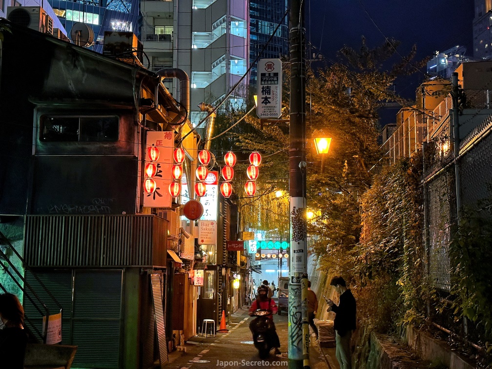 Nonbei Yokochō (のんべい横丁) o callejón de los borrachos, lleno de pequeñas izakayas de yakitori y minúsculos bares en Shibuya (Tokio)