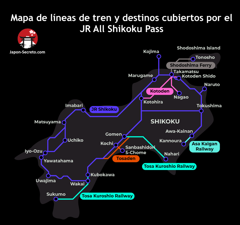 JR All Shikoku Pass: mapa de líneas de tren y ferry
