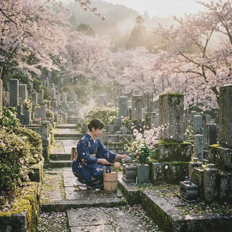 Visitando las tumbas de los ancestros durante el Equinoocio de Primavera o Shunbun No Hi en Japón