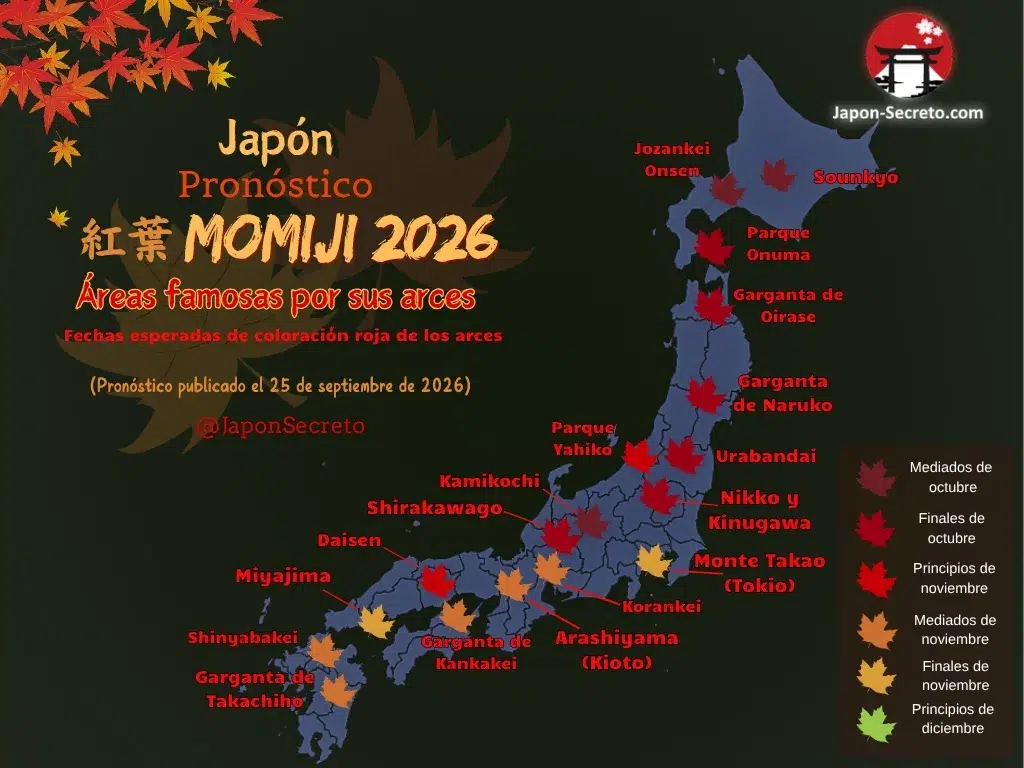 Mapa de pronóstico de coloración de los arces en Japón en las áreas o zonas más famosas por el color rojo de los árboles en 2026
